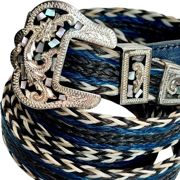 Horse Hair Western Belt Black Blue Mother Of Pearl Silver Plated Buckle Cowgirl main image 7